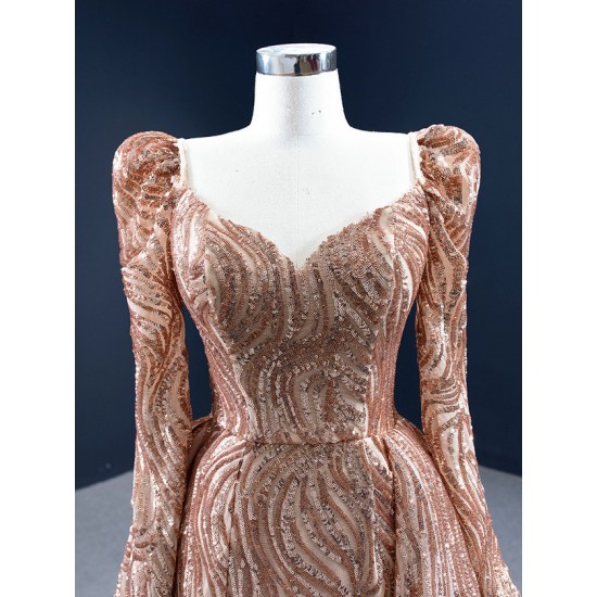 Sequin Rose Gold Formal Prom Dresses Long Sleeve Two In One Women Party Gowns Evening Dress 2024