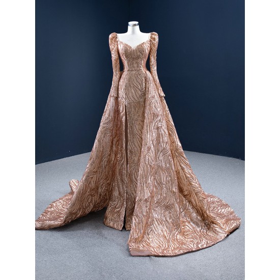 Sequin Rose Gold Formal Prom Dresses Long Sleeve Two In One Women Party Gowns Evening Dress 2024