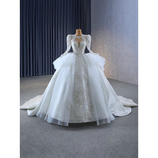 Shiny Ball Gown Long Wedding Dress Long Sleeve Bridal Gowns For Women Sexy Backless Vestido de novia 2024