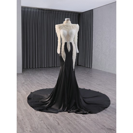 Shiny Black Prom Party Dresses For Women Long Sleeve Floor Length Formal Event Special Evening Dress Customized