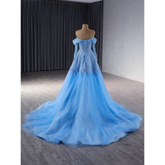 Shiny Blue Prom Evening Dresses Long Sleeve Party Dress Sweetheart Neck A Line Gowns Saudi Arabia Plus Size