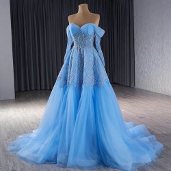 Shiny Blue Prom Evening Dresses Long Sleeve Party Dress Sweetheart Neck A Line Gowns Saudi Arabia Plus Size