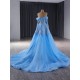 Shiny Blue Prom Evening Dresses Long Sleeve Party Dress Sweetheart Neck A Line Gowns Saudi Arabia Plus Size