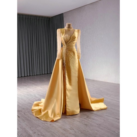 Shiny Crystal Gold Mermaid Prom Dress For Black Girl Long Sleeve Backless Evening Dresses Formal Birthday Party Gowns