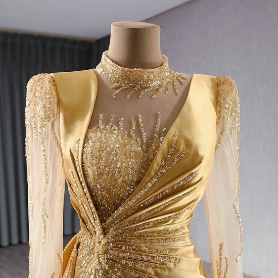 Shiny Crystal Gold Mermaid Prom Dress For Black Girl Long Sleeve Backless Evening Dresses Formal Birthday Party Gowns