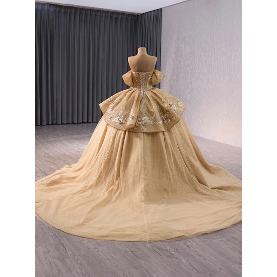 Shiny Gold Sweetheart Quinceanera Dresses Ball Gown Appliques Lace Sequin Sweet 16 Birthday Princess Vestidos De 15 Anos