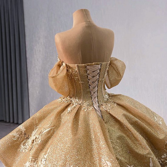 Shiny Gold Sweetheart Quinceanera Dresses Ball Gown Appliques Lace Sequin Sweet 16 Birthday Princess Vestidos De 15 Anos