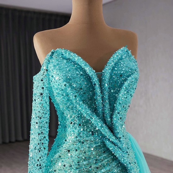 Shiny Prom Aqua Blue Evening Dresses One Shoulder Sweetheart Neck Party Dress Sequin Mermaid Prom Gowns