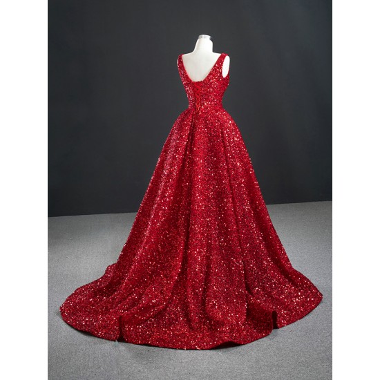 Shiny Sequin Red Formal Party Prom Dresses For Women V Neck Special Occasion Gowns Evening Dress