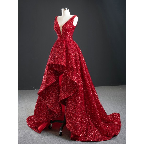 Shiny Sequin Red Formal Party Prom Dresses For Women V Neck Special Occasion Gowns Evening Dress