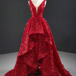 Shiny Sequin Red Formal Party Prom Dresses For Women V Neck Special Occasion Gowns Evening Dress