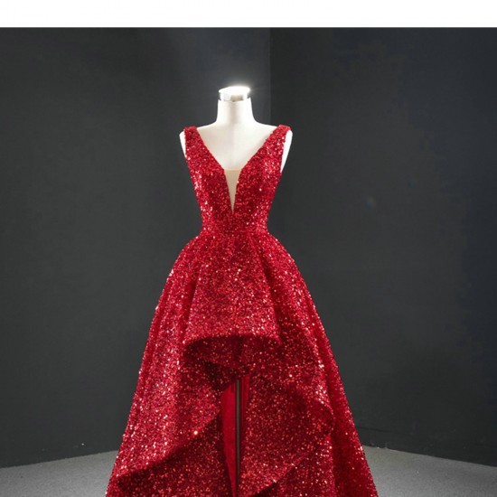 Shiny Sequin Red Formal Party Prom Dresses For Women V Neck Special Occasion Gowns Evening Dress