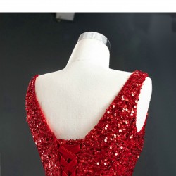 Shiny Sequin Red Formal Party Prom Dresses For Women V Neck Special Occasion Gowns Evening Dress