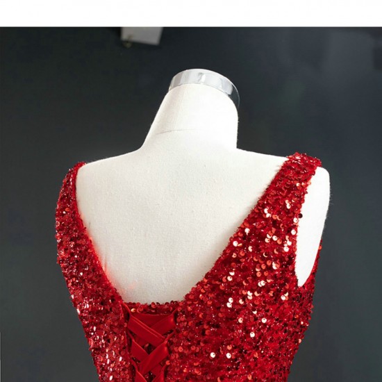 Shiny Sequin Red Formal Party Prom Dresses For Women V Neck Special Occasion Gowns Evening Dress