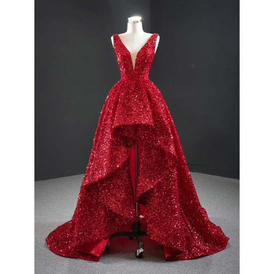 Shiny Sequin Red Formal Party Prom Dresses For Women V Neck Special Occasion Gowns Evening Dress