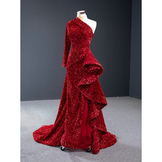 Shiny Sequin Red Prom Dresses 2024 One Shoulder Mermaid Formal Wedding Party Evening Gowns Vestido De Fiesta