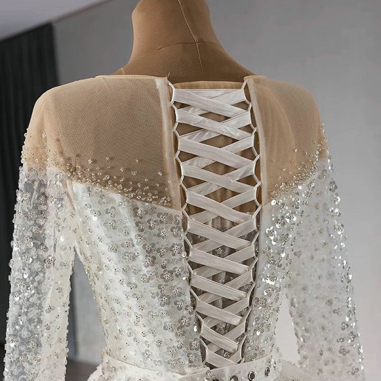 Shiny Sequin Wedding Dresses Scoop Neck Two In One Mermaid Bridal Gowns Long Sleeve Princess Bride Dresses