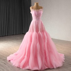 Simple A Line Pink Women Prom Party Dresses Spaghetti Strap Pleated Long Evening Dress Sequin Special Party Gowns