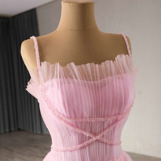 Simple A Line Pink Women Prom Party Dresses Spaghetti Strap Pleated Long Evening Dress Sequin Special Party Gowns