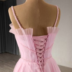 Simple A Line Pink Women Prom Party Dresses Spaghetti Strap Pleated Long Evening Dress Sequin Special Party Gowns