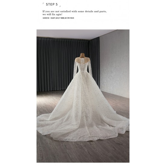 Simple Ball Gown White Wedding Dress Long Sleeve Bridal Gown Scoop Neck Vestido de Novia