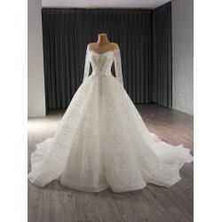 Simple Ball Gown White Wedding Dress Long Sleeve Bridal Gown Scoop Neck Vestido de Novia