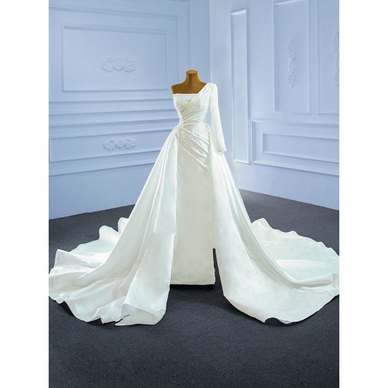 Simple Two In One Wedding Dress White Satin Bridal Gown One Shoulder Vestido de Novia