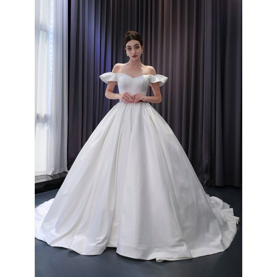 Simple White Satin Wedding Dress Off Shoulder Ball Gown Sweep Train Bridal Gowns