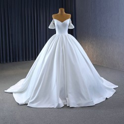 Simple White Satin Wedding Dress Off Shoulder Ball Gown Sweep Train Bridal Gowns