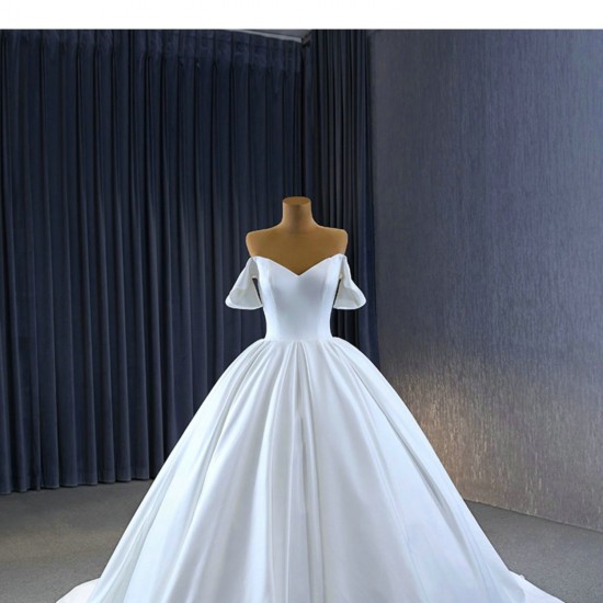 Simple White Satin Wedding Dress Off Shoulder Ball Gown Sweep Train Bridal Gowns