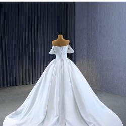 Simple White Satin Wedding Dress Off Shoulder Ball Gown Sweep Train Bridal Gowns