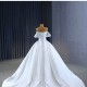 Simple White Satin Wedding Dress Off Shoulder Ball Gown Sweep Train Bridal Gowns