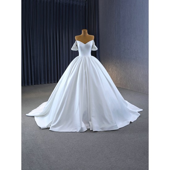 Simple White Satin Wedding Dress Off Shoulder Ball Gown Sweep Train Bridal Gowns