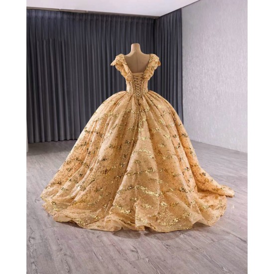 Sleeveless Gold Quinceanera Dress Sweet 15 Evening Dress 3D Flowers  Ball Gown Sequin Vestido De Quinceanera