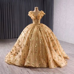 Sleeveless Gold Quinceanera Dress Sweet 15 Evening Dress 3D Flowers  Ball Gown Sequin Vestido De Quinceanera