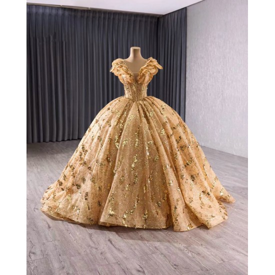 Sleeveless Gold Quinceanera Dress Sweet 15 Evening Dress 3D Flowers  Ball Gown Sequin Vestido De Quinceanera