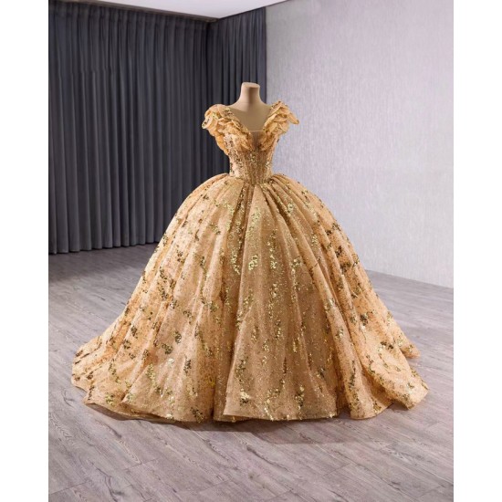 Sleeveless Gold Quinceanera Dress Sweet 15 Evening Dress 3D Flowers  Ball Gown Sequin Vestido De Quinceanera