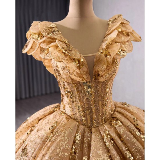 Sleeveless Gold Quinceanera Dress Sweet 15 Evening Dress 3D Flowers  Ball Gown Sequin Vestido De Quinceanera