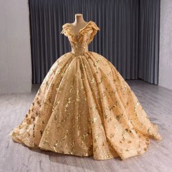 Sleeveless Gold Quinceanera Dress Sweet 15 Evening Dress 3D Flowers  Ball Gown Sequin Vestido De Quinceanera