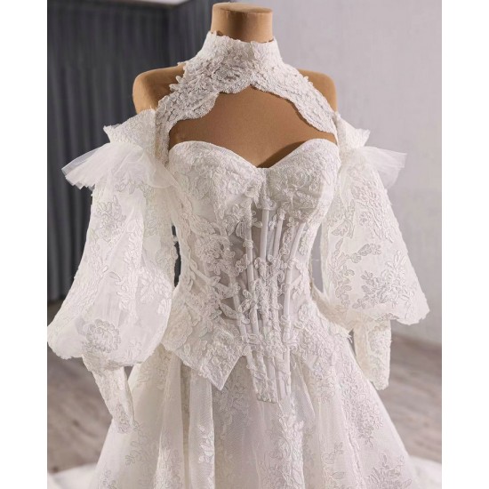 Sleeveless Wedding Dress Lace Appliques Sweetheart Neck Bridal Gowns With Detachable Sleeve