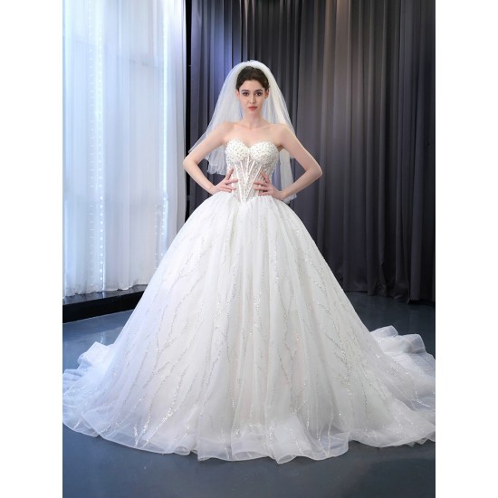 Sleeveless Ball Gown Wedding Dress Crystal Sweetheart Neck Backless Bridal Gowns