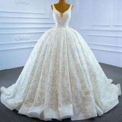 Sleeveless Ball Gown Wedding Dresses V Neck Sequin Arabic Wedding Bridal Gowns