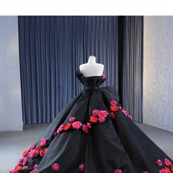 Sleeveless Black Prom Dresses Women Formal Party Evening Dress 3D Flowers Birthday Party Dress