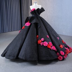 Sleeveless Black Prom Dresses Women Formal Party Evening Dress 3D Flowers Birthday Party Dress