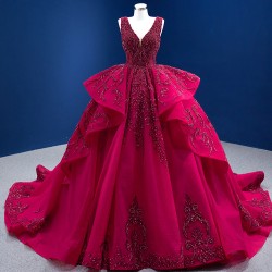 Sleeveless Burgundy Sweet 15 16 Dress V Neck Ball Gown Sweep Train Customizable Quinceanera Dresses 2024