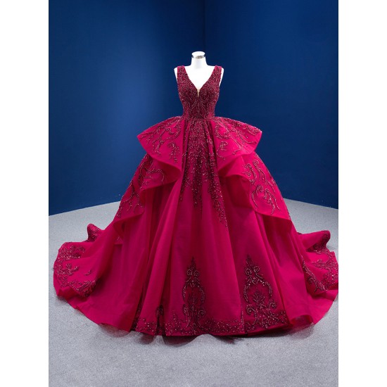 Sleeveless Burgundy Sweet 15 16 Dress V Neck Ball Gown Sweep Train Customizable Quinceanera Dresses 2024