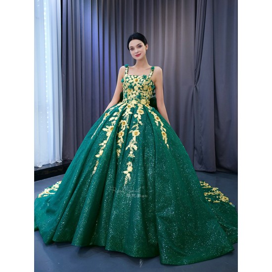 Sleeveless Emerald Green Quinceanera Dress Gold Floral Appliques Sweet 15 Gowns Square Collar Vestidos De 15 Anos