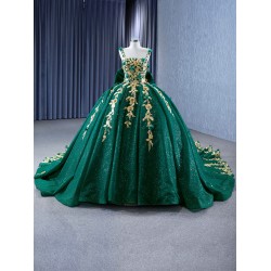 Sleeveless Emerald Green Quinceanera Dress Gold Floral Appliques Sweet 15 Gowns Square Collar Vestidos De 15 Anos