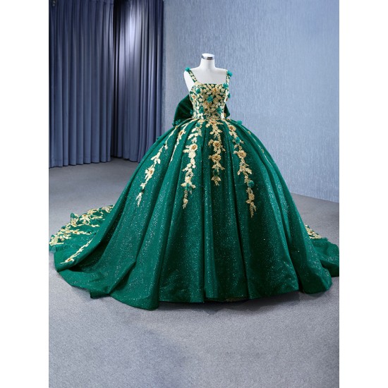 Sleeveless Emerald Green Quinceanera Dress Gold Floral Appliques Sweet 15 Gowns Square Collar Vestidos De 15 Anos