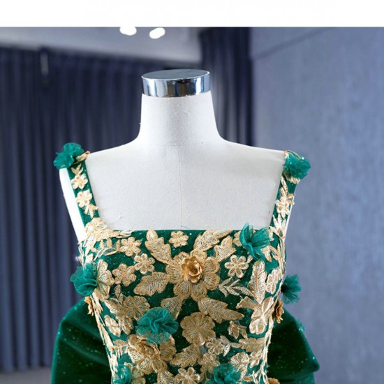 Sleeveless Emerald Green Quinceanera Dress Gold Floral Appliques Sweet 15 Gowns Square Collar Vestidos De 15 Anos